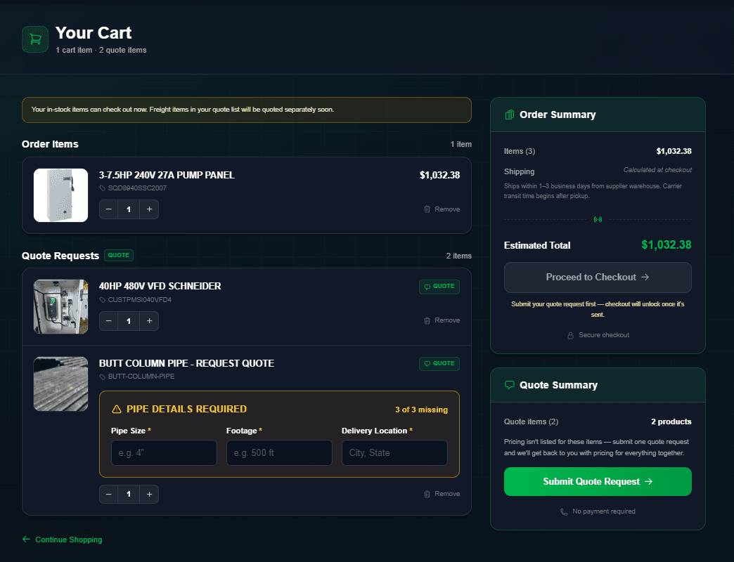 Empire AG Solutions cart with order items and quote requests