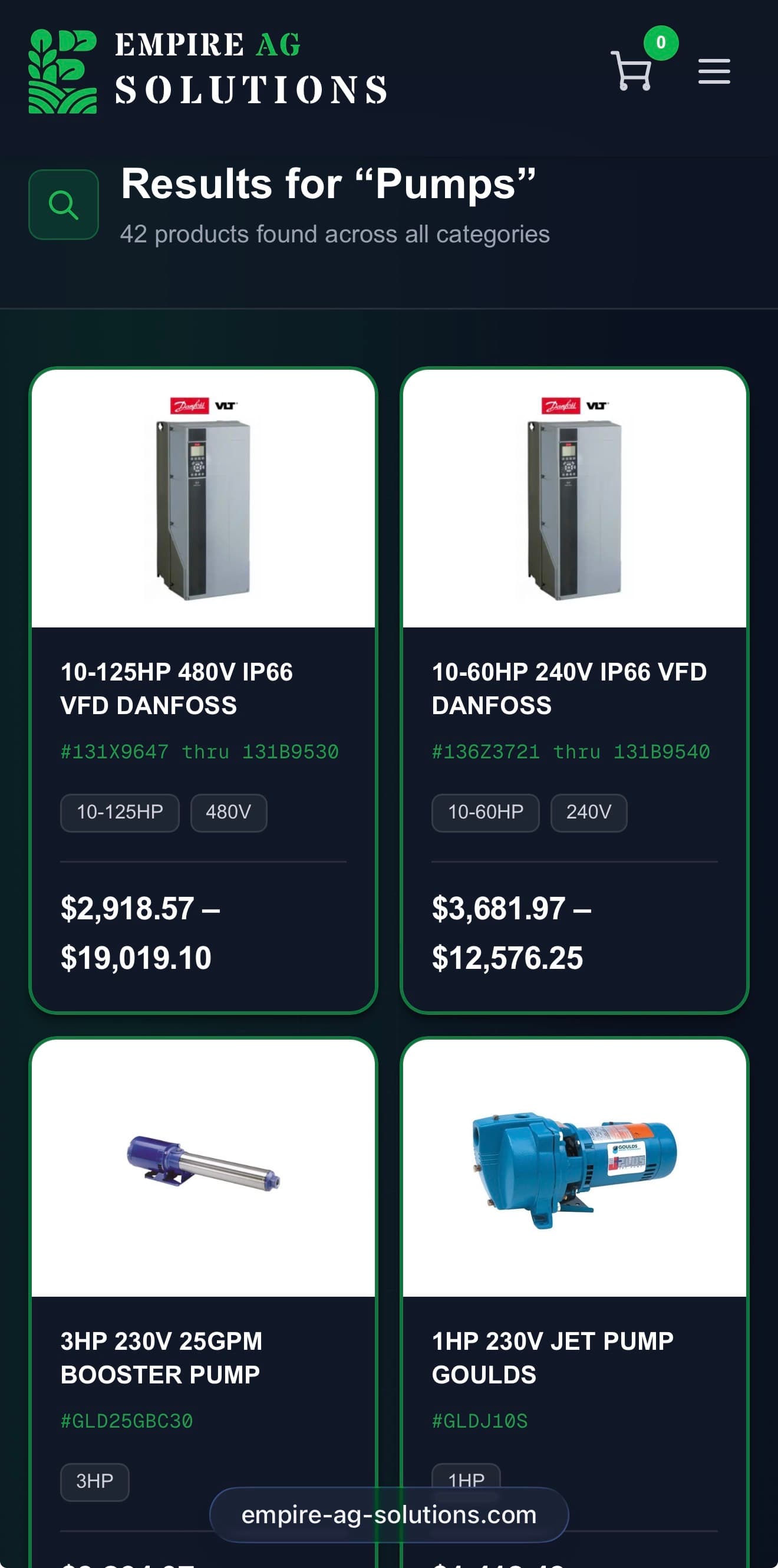 Empire AG Solutions storefront on mobile