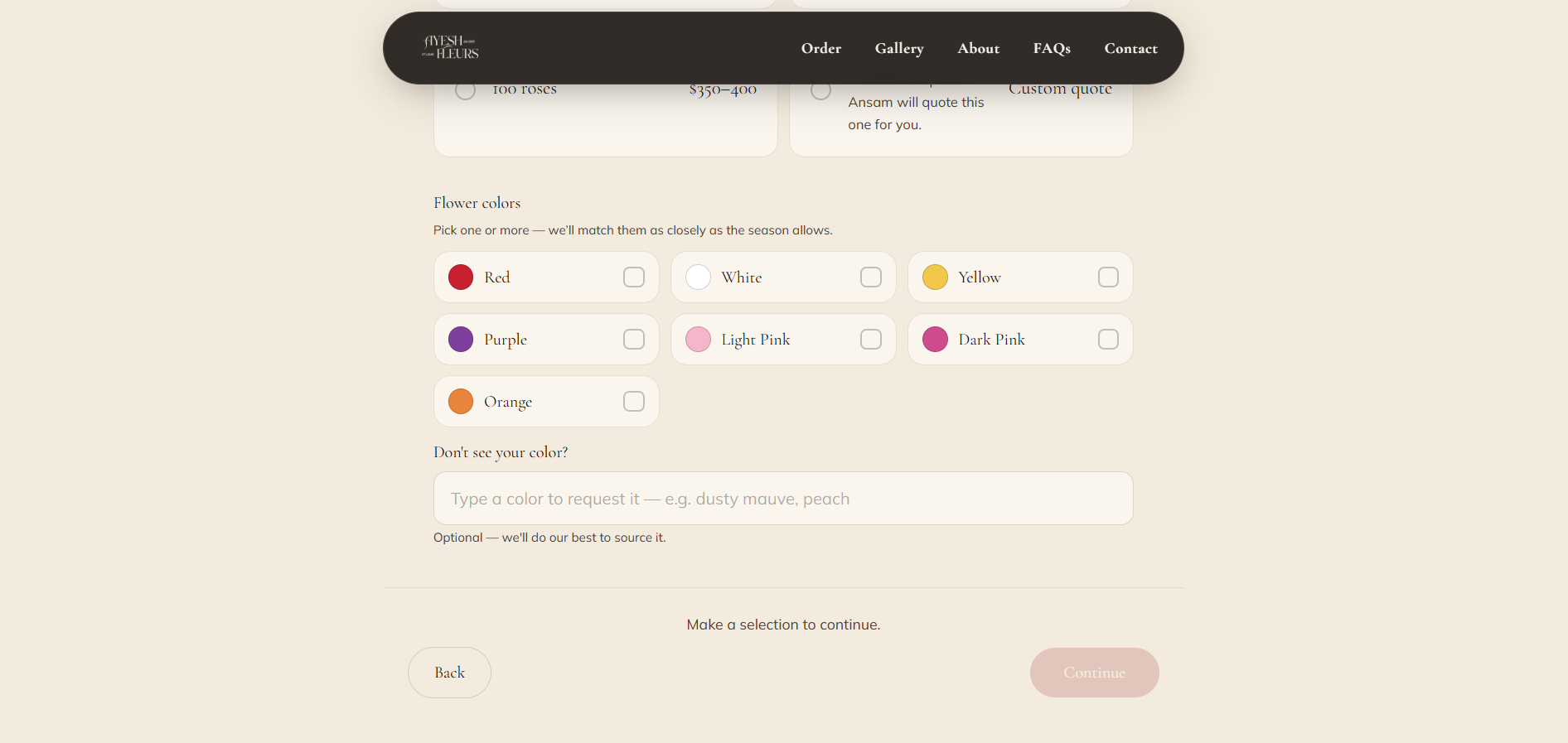 The flower color picker, with selectable color swatches.