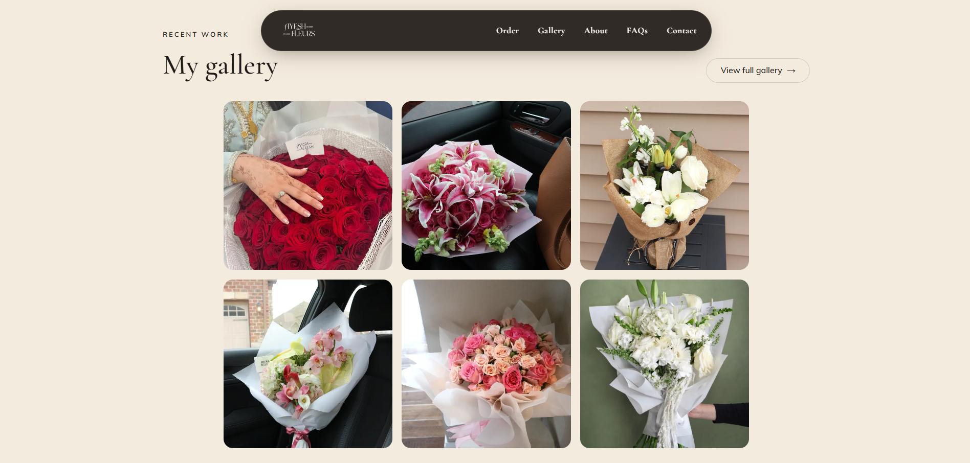 The gallery section of the Ayesh Fleurs site, showing a grid of past arrangements.