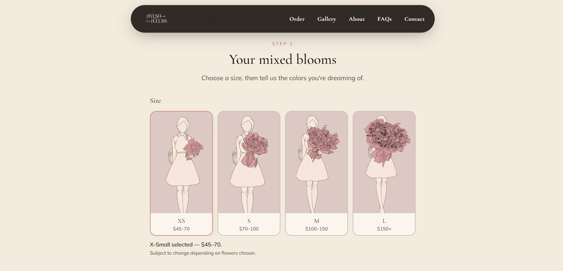 The mixed blooms step, with XS through L sizes and price ranges.