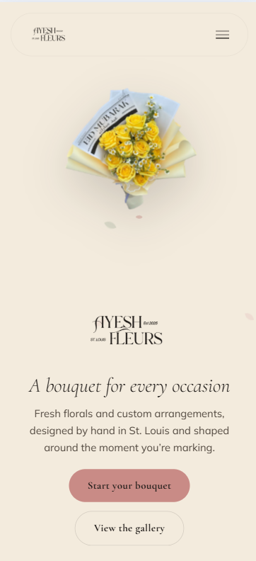 The Ayesh Fleurs homepage on a phone.