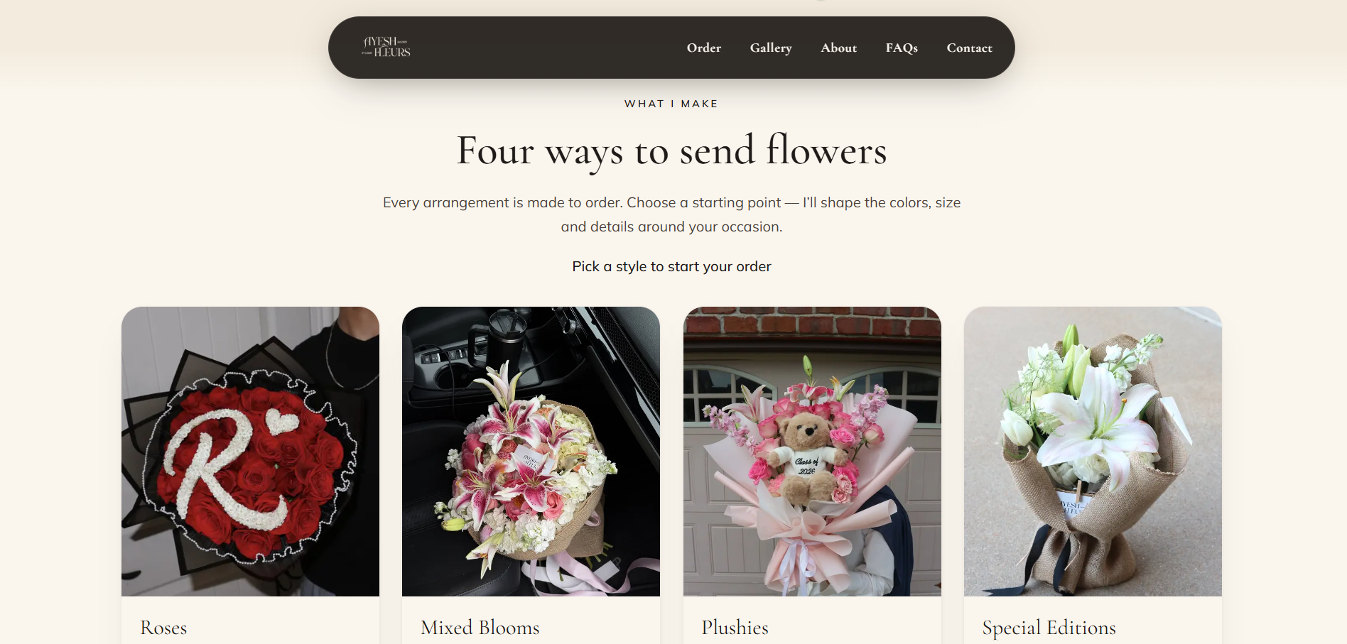 The Four ways to send flowers section, with cards for roses, mixed blooms, plushies and special editions.