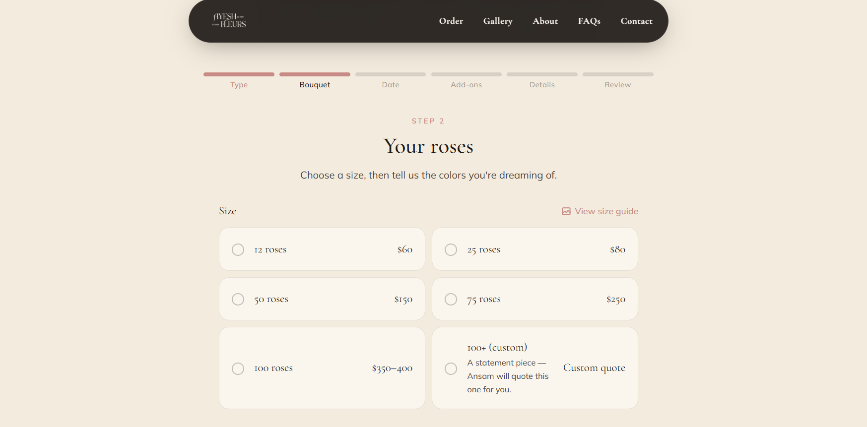 The order builder's roses step, showing size options from 12 to 100 roses with prices.