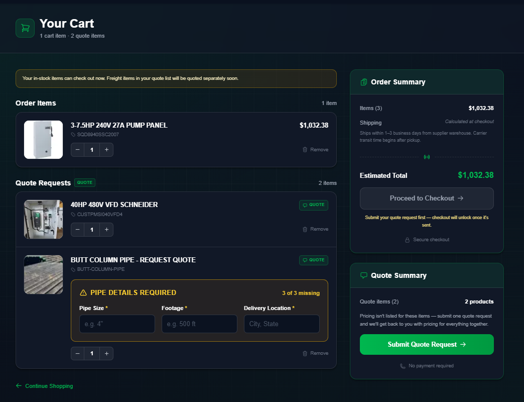 Empire AG Solutions cart with order items and quote requests