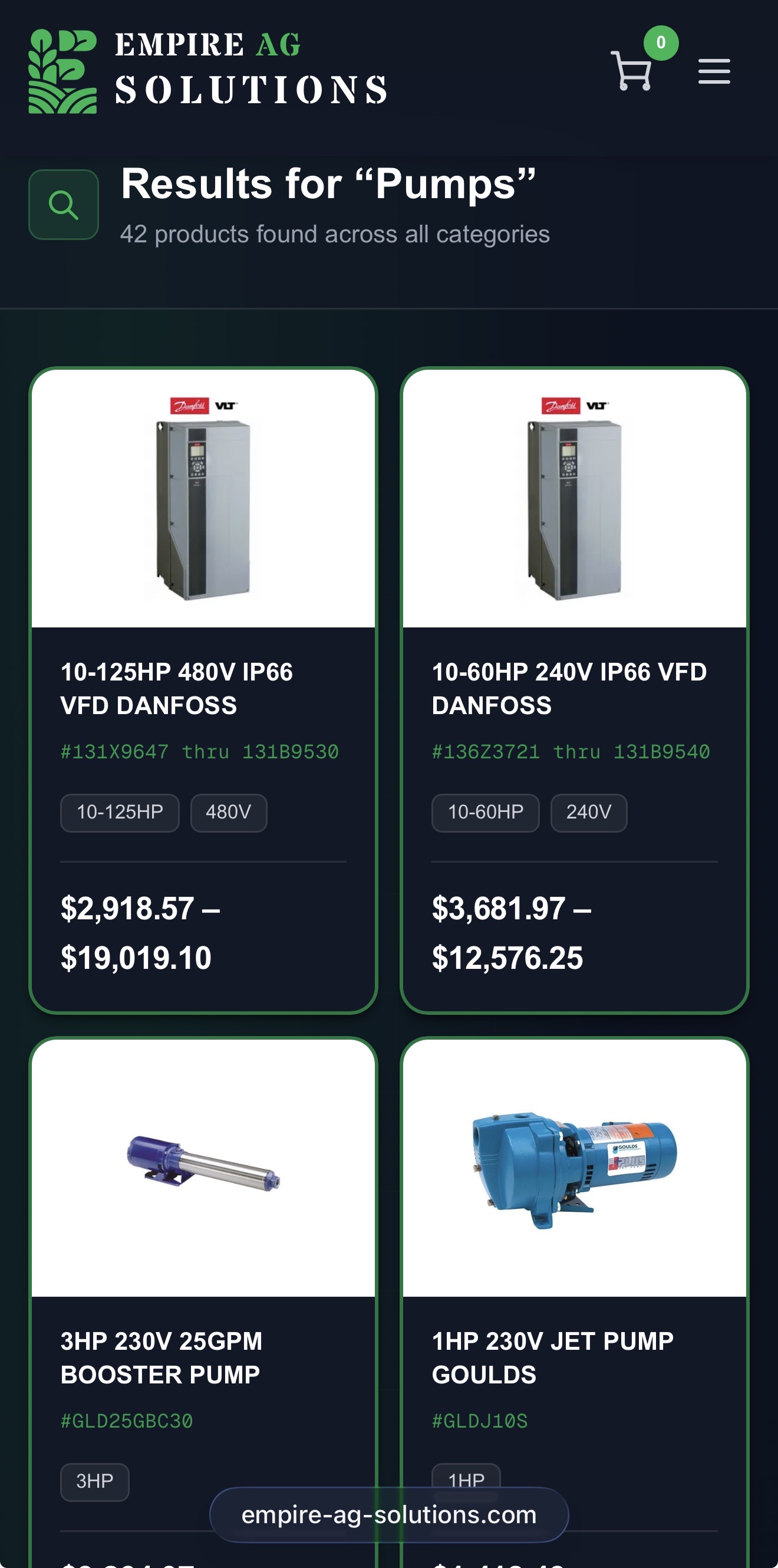 Empire AG Solutions storefront on mobile
